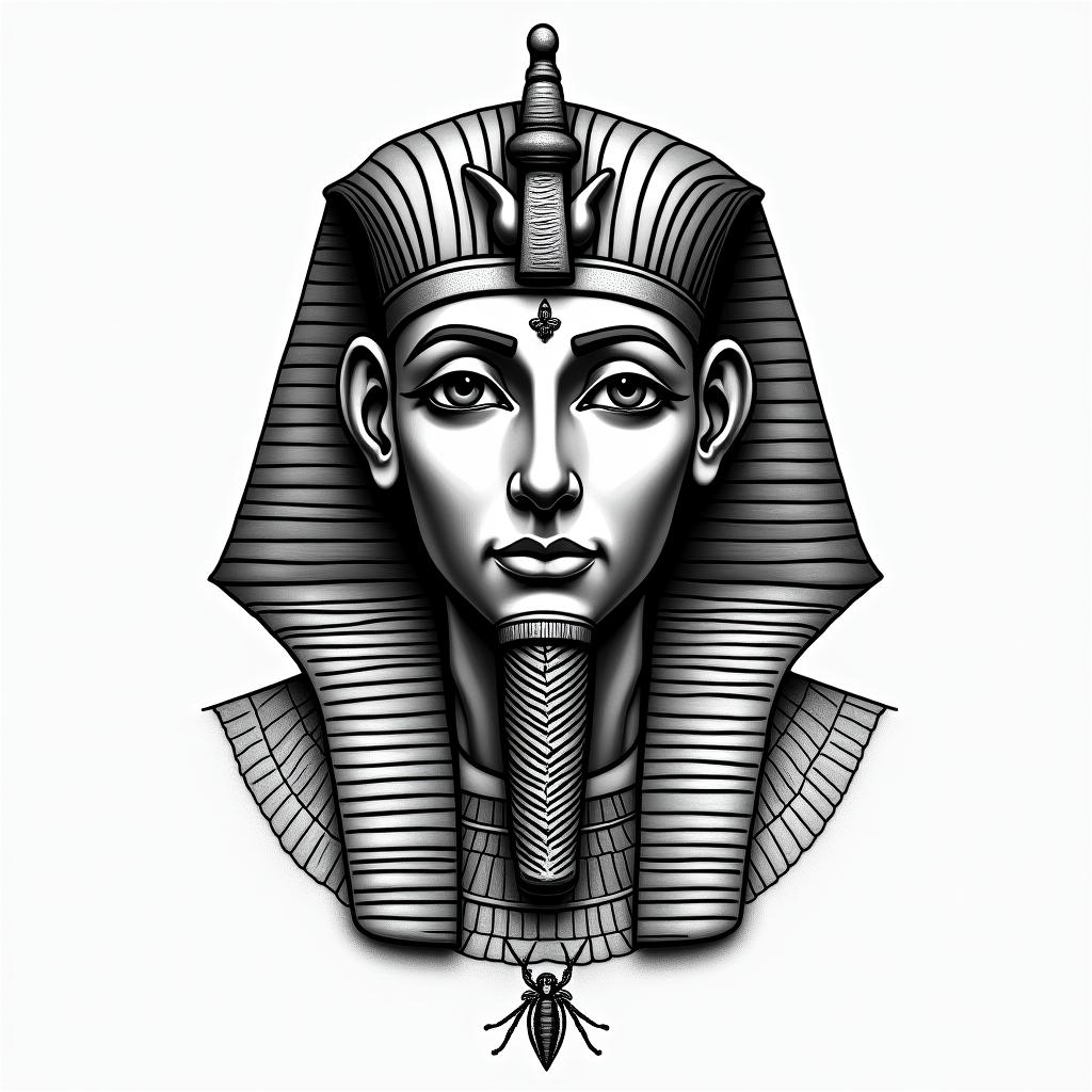Hussam, protect, Egyptin egyptian style tattoo, bold elements of ancient egyptian culture including a portrait of an Egyptian pharaoh with detailed facial features, in hieroglyphs and symbolic imagery, eye of horus, ankh symbol, scarab beetle - Variation 4