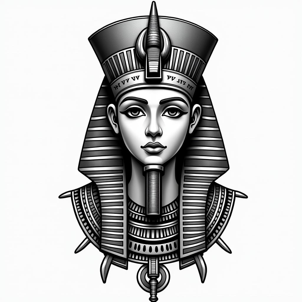 Hussam, protect, Egyptin egyptian style tattoo, bold elements of ancient egyptian culture including a portrait of an Egyptian pharaoh with detailed facial features, in hieroglyphs and symbolic imagery, eye of horus, ankh symbol, scarab beetle