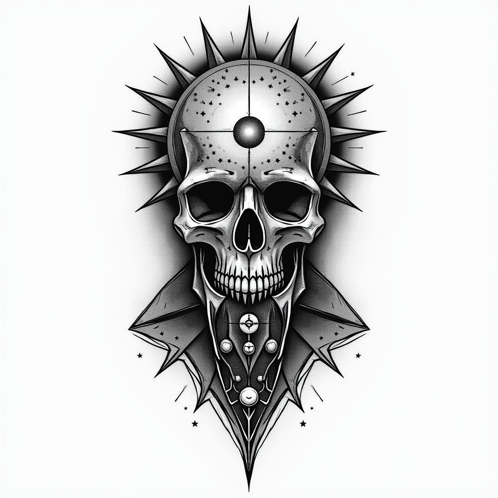 Four years in prison. Lives criminally. Father of two children. Gentleman.in prophecy tattoo style, featuring mystical symbols, celestial imagery like stars, moons, suns, geometric patterns, foretelling elements, an eye of wisdom - Variation 4