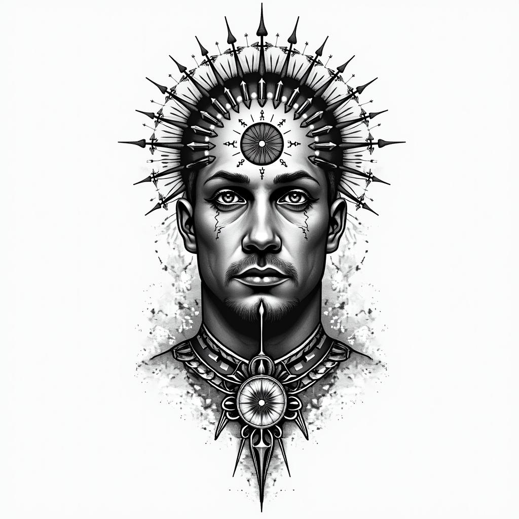 Four years in prison. Lives criminally. Father of two children. Gentleman.in prophecy tattoo style, featuring mystical symbols, celestial imagery like stars, moons, suns, geometric patterns, foretelling elements, an eye of wisdom - Variation 2