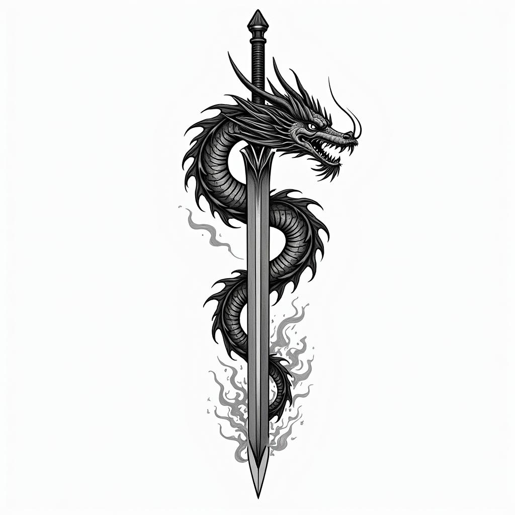 Japanese dragon around sword with flamesin japanese style tattoo, detailed tattoo, traditional japanese culture tattoo, mythology, 8k - Variation 2
