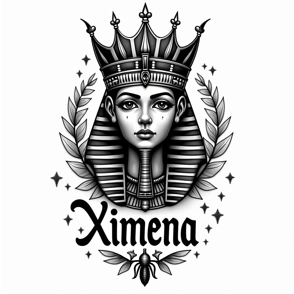 Name Ximena with royal font and queen crown over it with reverse shade on textin egyptian style tattoo, bold elements of ancient egyptian culture including a portrait of an Egyptian pharaoh with detailed facial features, in hieroglyphs and symbolic imagery, eye of horus, ankh symbol, scarab beetle - Variation 4