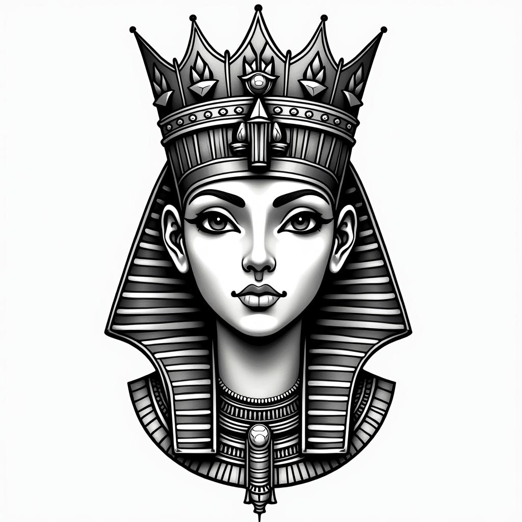 Name Ximena with royal font and queen crown over it with reverse shade on textin egyptian style tattoo, bold elements of ancient egyptian culture including a portrait of an Egyptian pharaoh with detailed facial features, in hieroglyphs and symbolic imagery, eye of horus, ankh symbol, scarab beetle - Variation 2