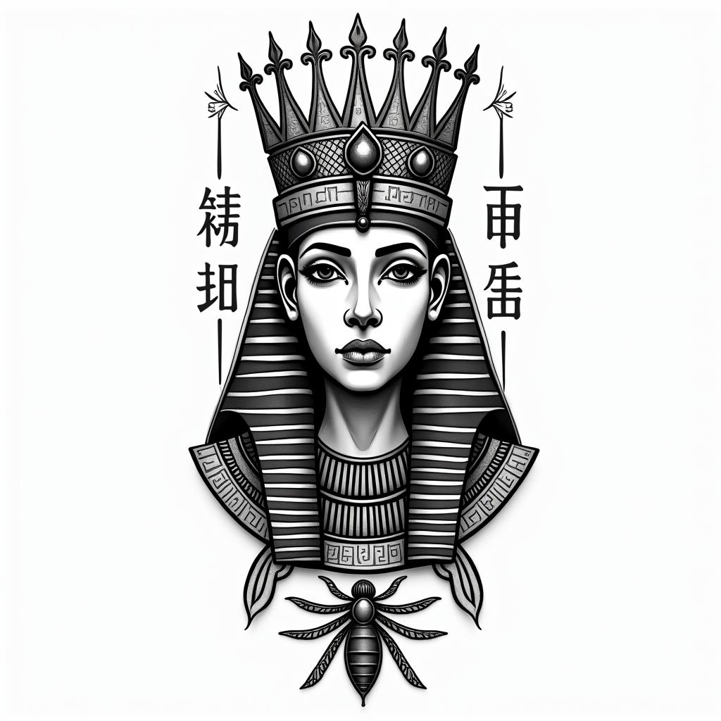 Name Ximena with royal font and queen crown over it with reverse shade on textin egyptian style tattoo, bold elements of ancient egyptian culture including a portrait of an Egyptian pharaoh with detailed facial features, in hieroglyphs and symbolic imagery, eye of horus, ankh symbol, scarab beetle - Variation 3