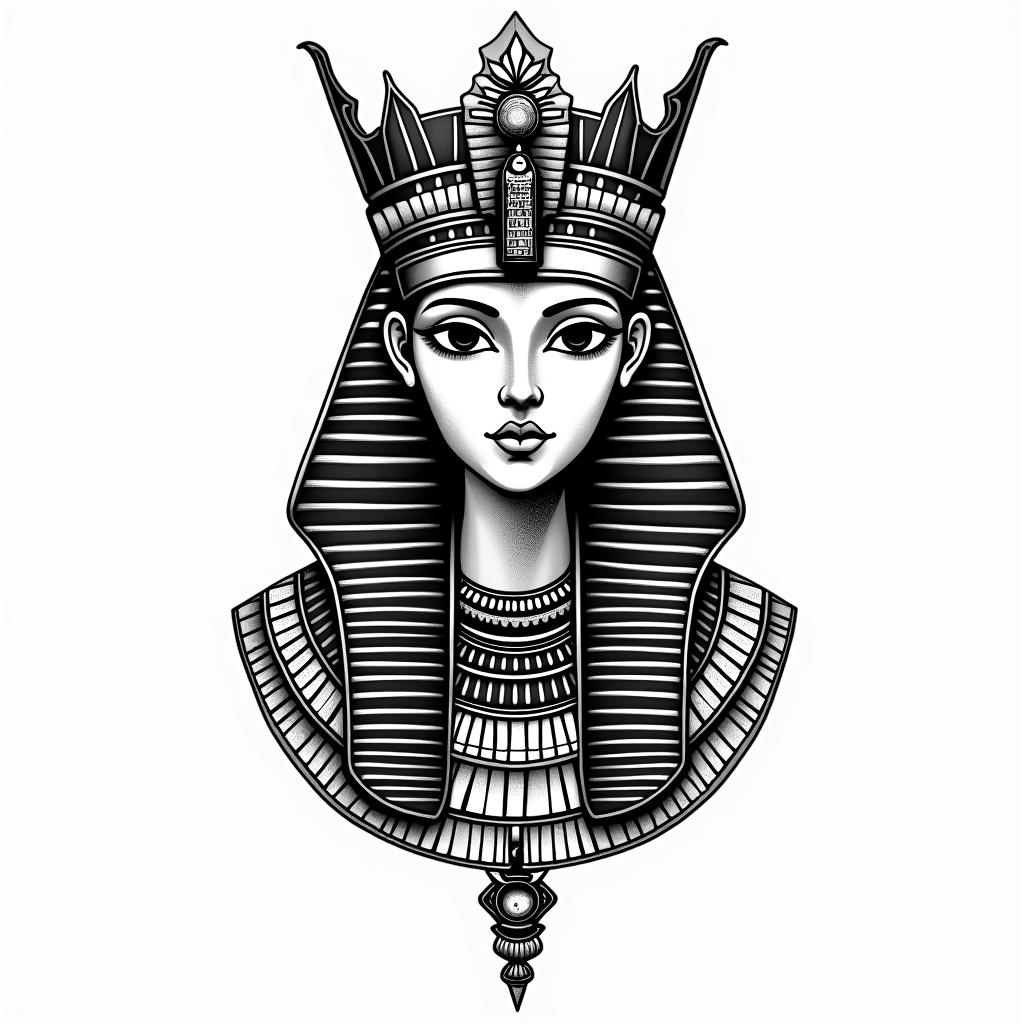 Name Ximena with royal font and queen crown over it with reverse shade on textin egyptian style tattoo, bold elements of ancient egyptian culture including a portrait of an Egyptian pharaoh with detailed facial features, in hieroglyphs and symbolic imagery, eye of horus, ankh symbol, scarab beetle