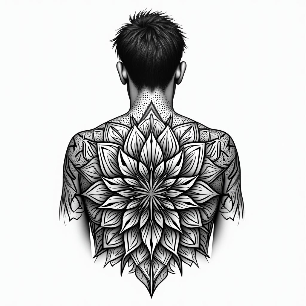 Four years in prison. Criminal life. Father of two children. Gentleman.in dotwork style tattoo, complex mandala patterns, interlocking geometric shapes with sharp symmetry, clean lines, sharp angles - Variation 4