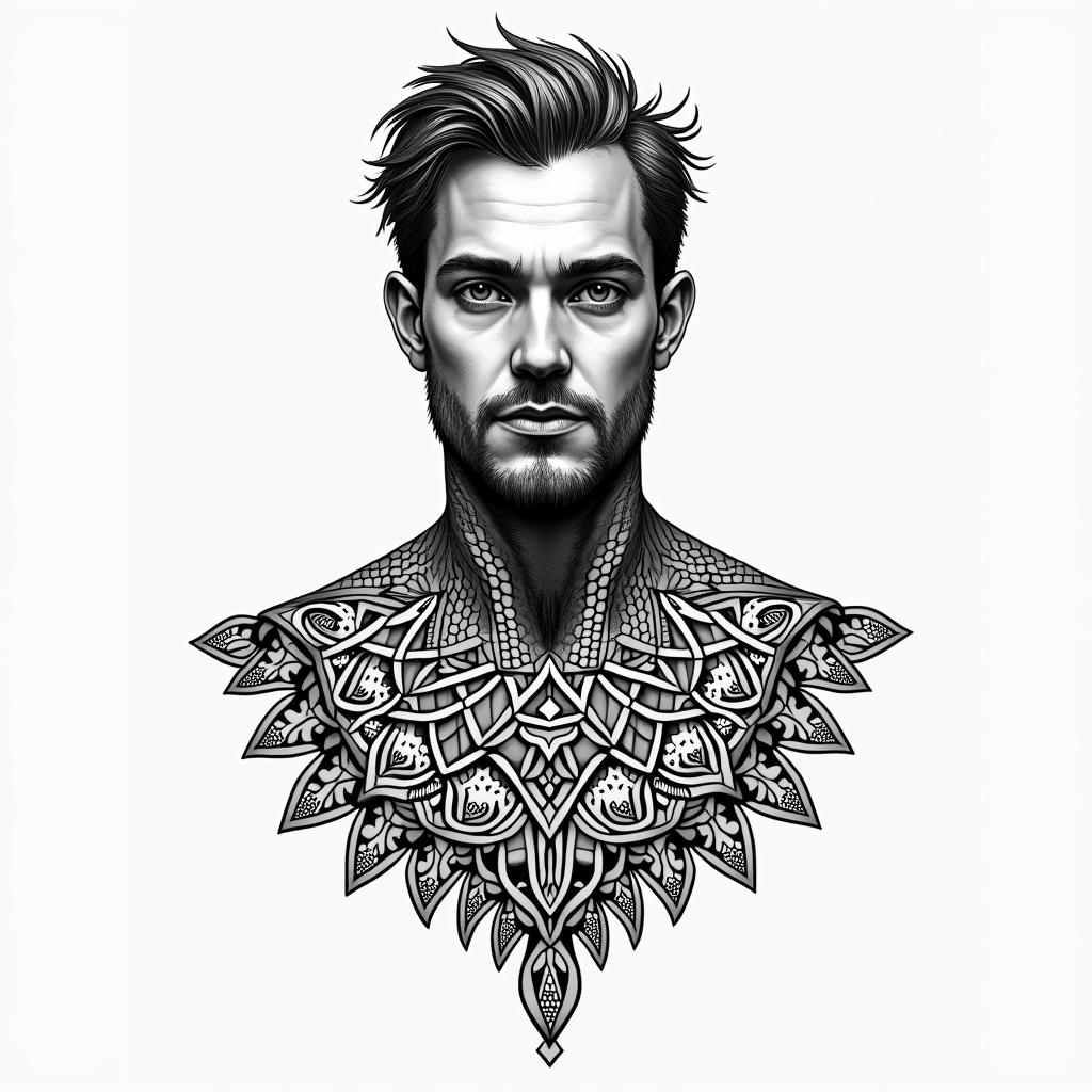 Four years in prison. Criminal life. Father of two children. Gentleman.in dotwork style tattoo, complex mandala patterns, interlocking geometric shapes with sharp symmetry, clean lines, sharp angles - Variation 1