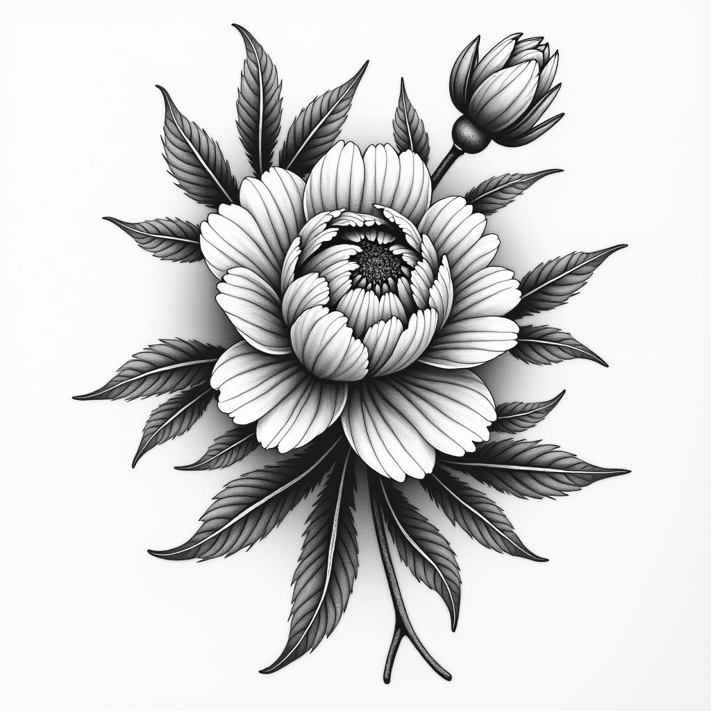 A black ink realistic tattoo of a cluster of medium-large mountain peonies with light shading, featuring a few leaves. The word "Bismillah" is elegantly written in dramatic script font in red ink, starting at the bottom of the neck and extending to the crease of the armpit, peeking through the flowers. The design reflects the beauty and layers of life’s stresses, symbolizing how the struggles we face can create something beautiful.higly detailed tattoo - Variation 2
