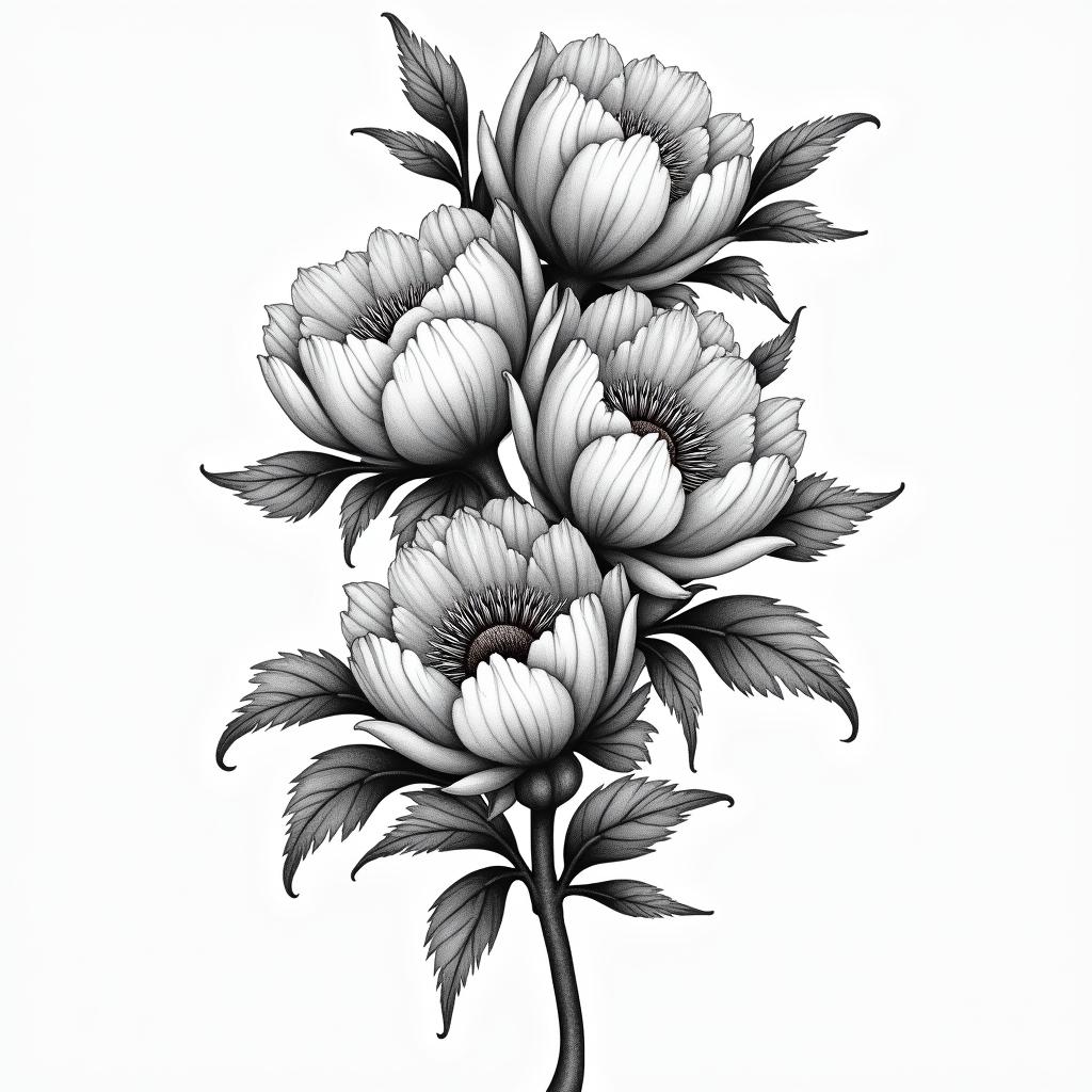 A black ink realistic tattoo of a cluster of medium-large mountain peonies with light shading, featuring a few leaves. The word "Bismillah" is elegantly written in dramatic script font in red ink, starting at the bottom of the neck and extending to the crease of the armpit, peeking through the flowers. The design reflects the beauty and layers of life’s stresses, symbolizing how the struggles we face can create something beautiful.higly detailed tattoo