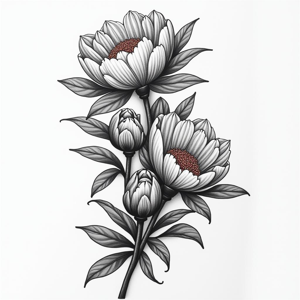 A black ink realistic tattoo of a cluster of medium-large mountain peonies with light shading, featuring a few leaves. The word "Bismillah" is elegantly written in dramatic script font in red ink, starting at the bottom of the neck and extending to the crease of the armpit, peeking through the flowers. The design reflects the beauty and layers of life’s stresses, symbolizing how the struggles we face can create something beautiful.higly detailed tattoo - Variation 3