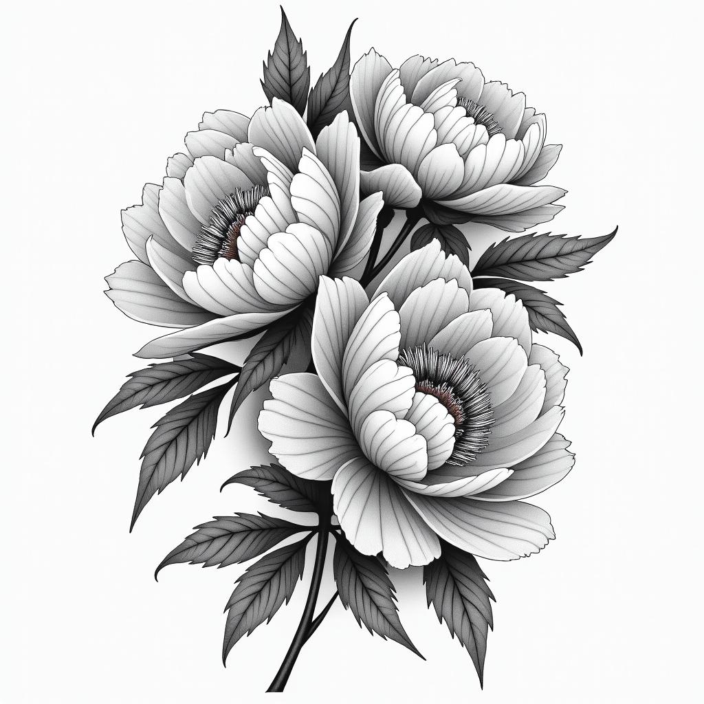 A black ink realistic tattoo of a cluster of medium-large mountain peonies with light shading, featuring a few leaves. The word "Bismillah" is elegantly written in dramatic script font in red ink, starting at the bottom of the neck and extending to the crease of the armpit, peeking through the flowers. The design reflects the beauty and layers of life’s stresses, symbolizing how the struggles we face can create something beautiful.higly detailed tattoo - Variation 4