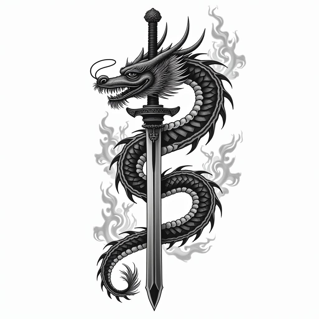Chinese dragon around flaming samurai swordin japanese style tattoo, detailed tattoo, traditional japanese culture tattoo, mythology, 8k - Variation 4
