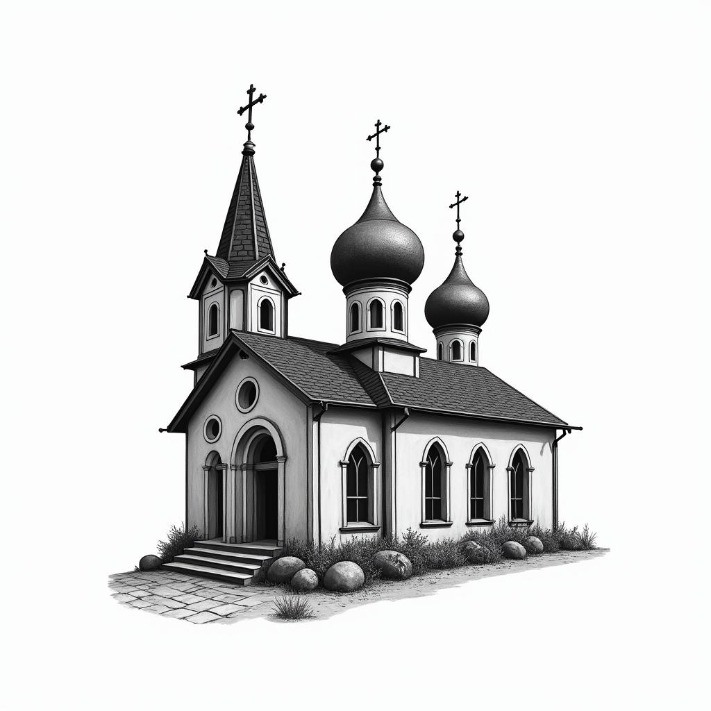 Orthodoxe Kirche mit Vier Türmen in swhigly detailed tattoo - Variation 8