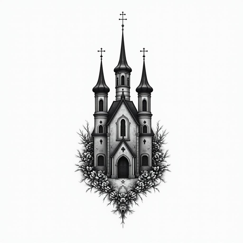 Orthodoxe Kirche mit Vier Türmen in swhigly detailed tattoo - Variation 5
