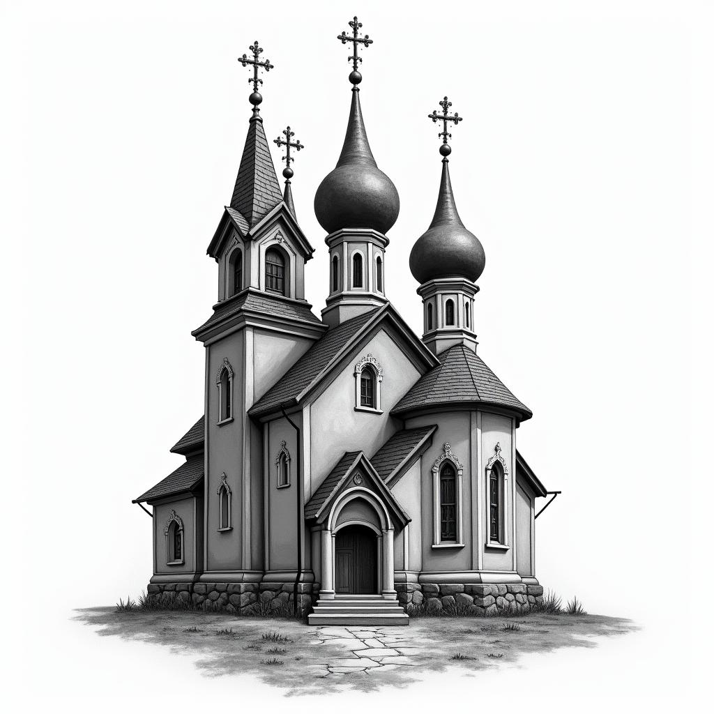Orthodoxe Kirche mit Vier Türmen in swhigly detailed tattoo - Variation 7