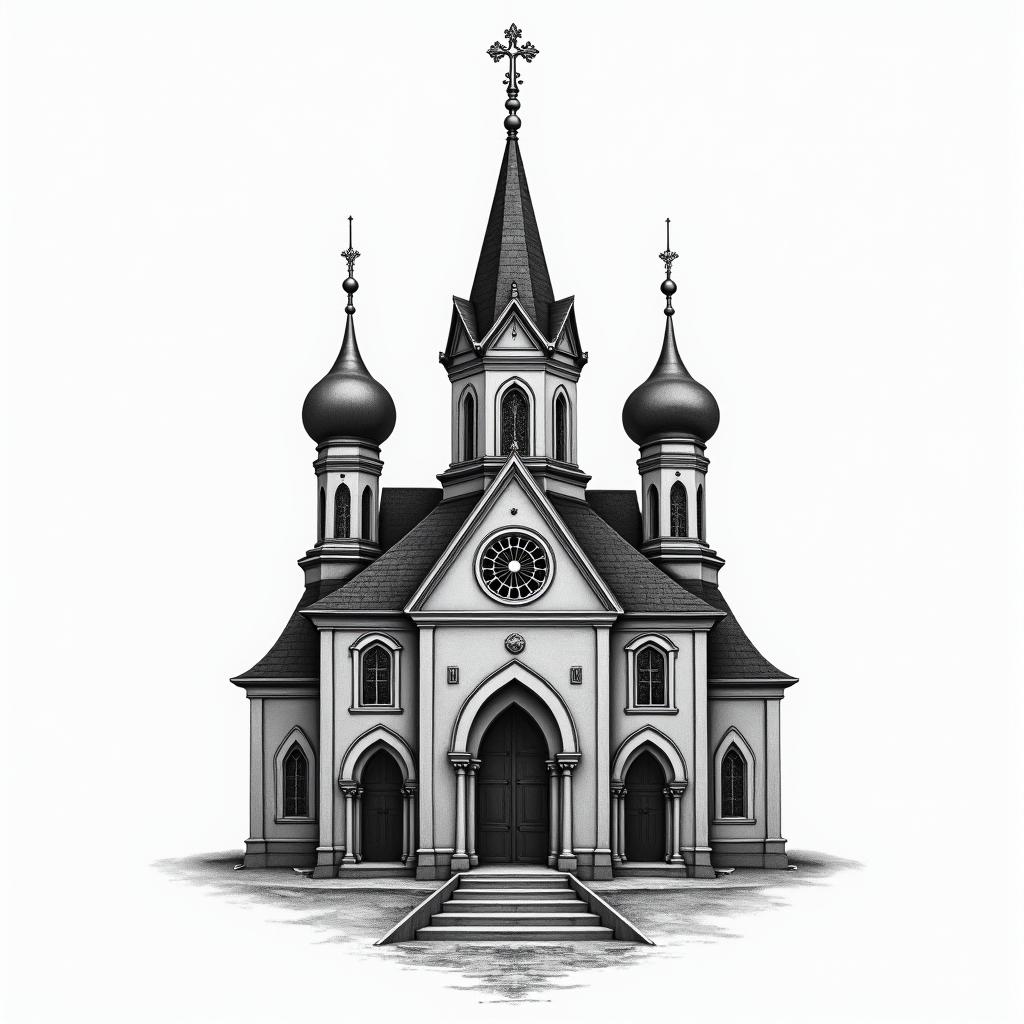 Orthodoxe Kirche mit Vier Türmen in swhigly detailed tattoo - Variation 6
