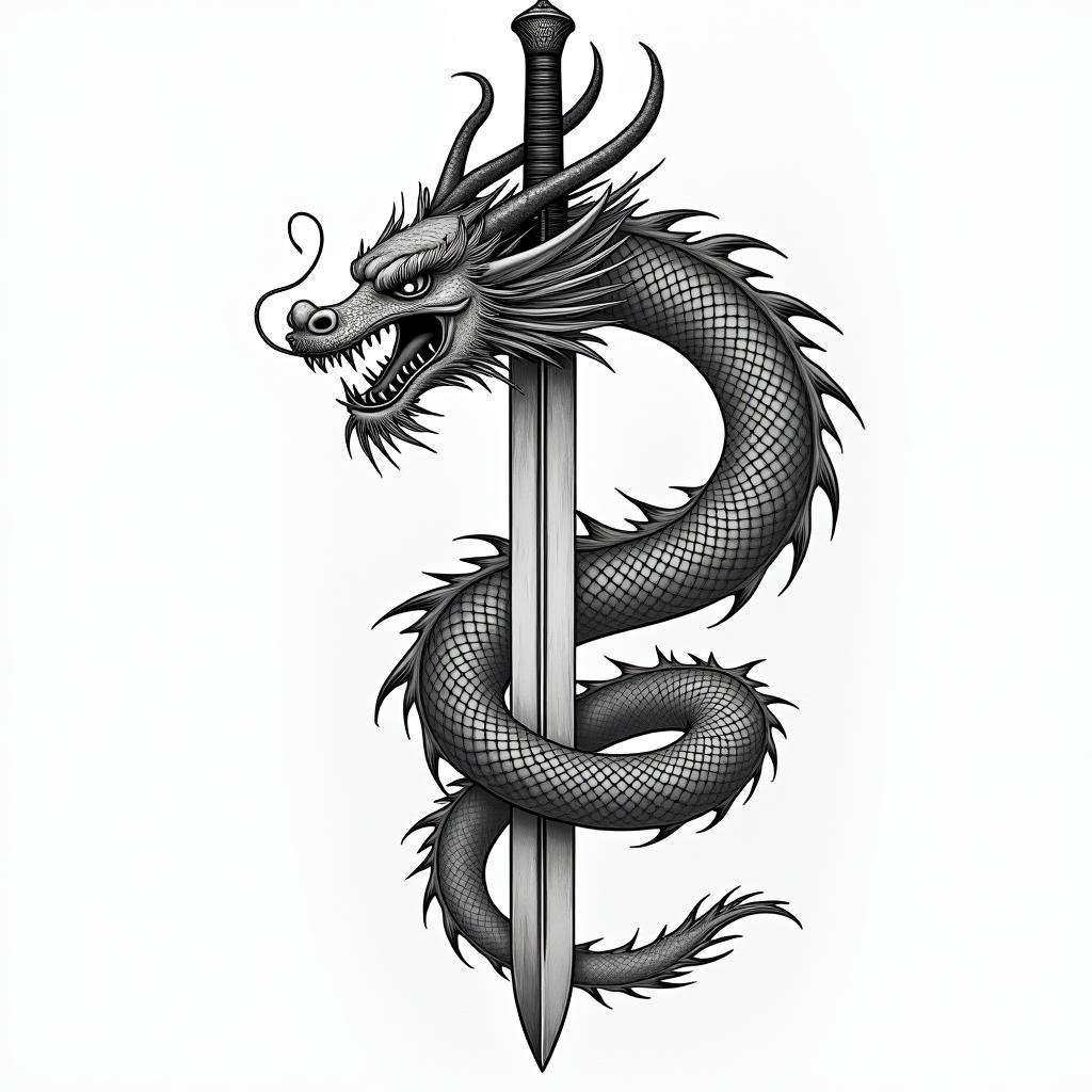 Chinese dragon wrapped around samurai swordin japanese style tattoo, detailed tattoo, traditional japanese culture tattoo, mythology, 8k - Variation 4