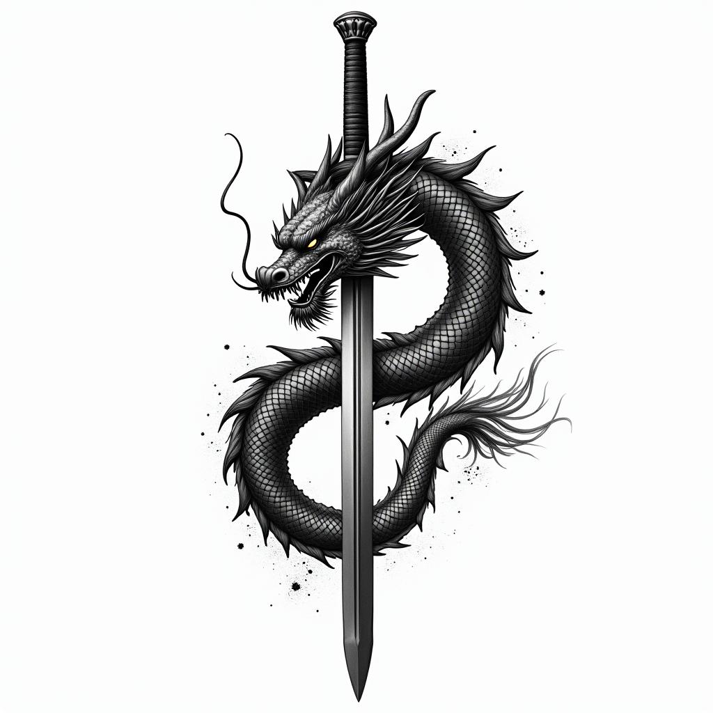 Chinese dragon wrapped around samurai swordin japanese style tattoo, detailed tattoo, traditional japanese culture tattoo, mythology, 8k