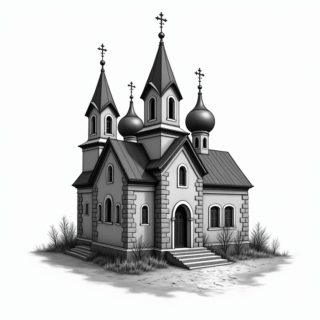 Orthodoxe Kirche mit Vier Türmen in swhigly detailed tattoo