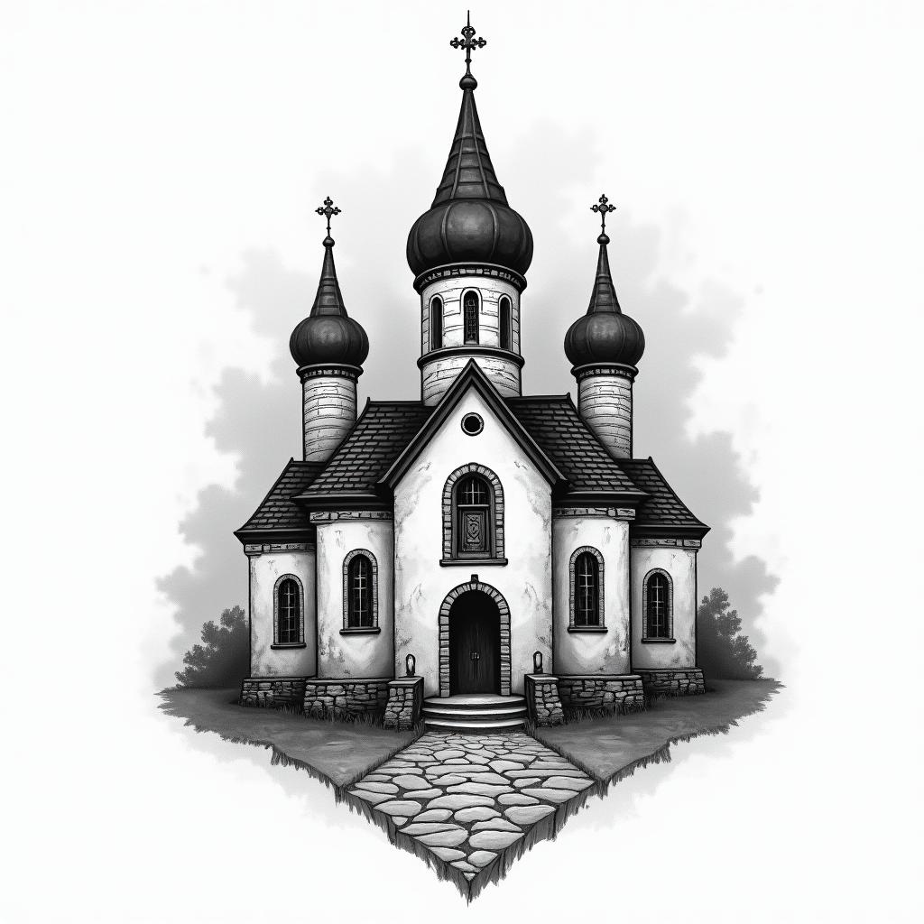 Orthodoxe Kirche mit Vier Türmen in swhigly detailed tattoo - Variation 4