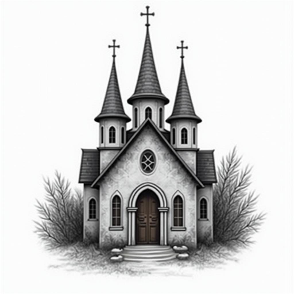 Orthodoxe Kirche mit Vier Türmen in swhigly detailed tattoo - Variation 2