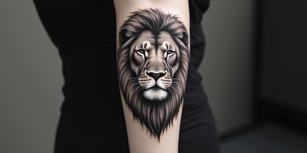 Lionin authentic tattoo style, incorporating traditional modifications, bold black outlines, solid color fills, featuring classic authentic elements - Variation 6