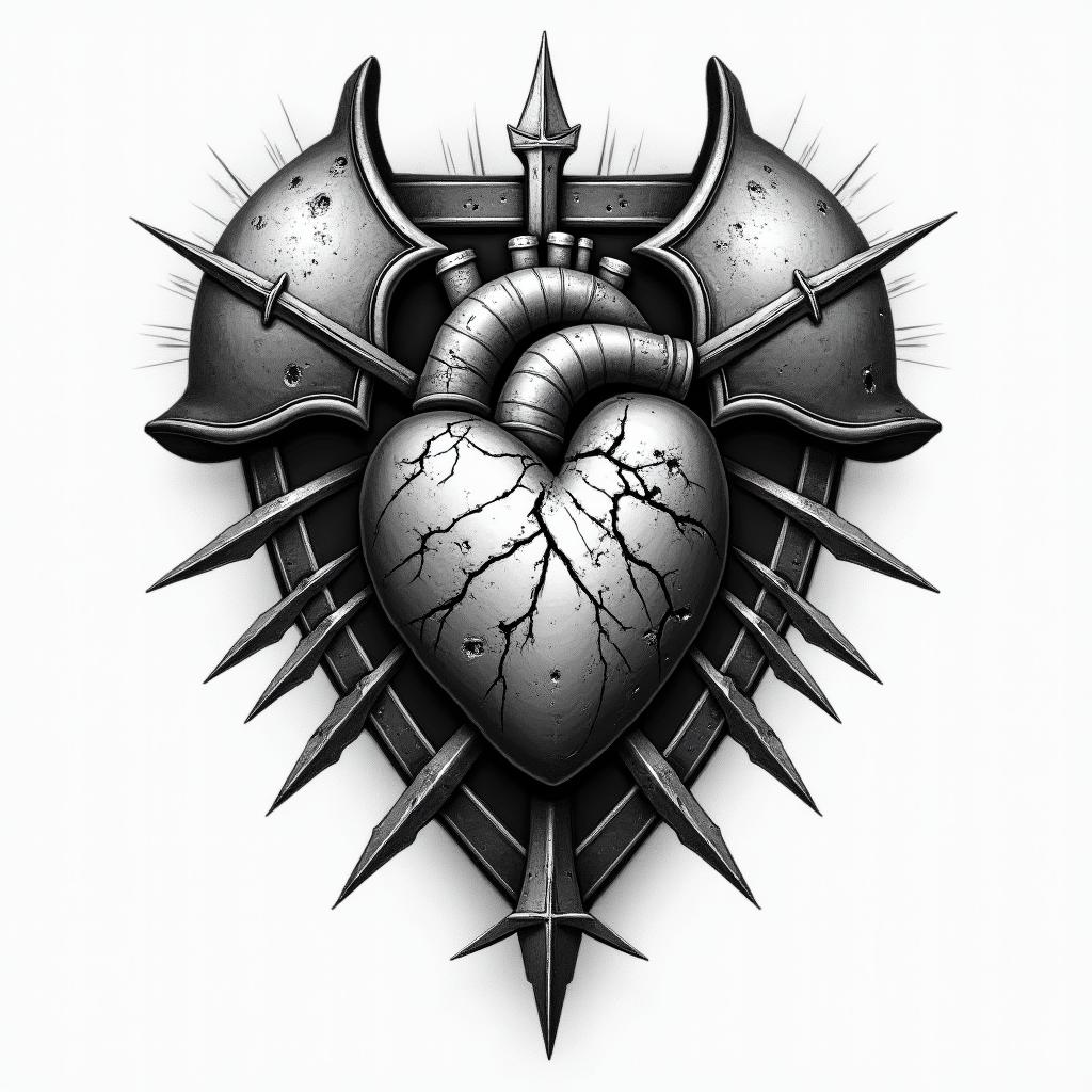 A detailed black and grey tattoo of a broken heart partially visible beneath battle-worn armor. The heart appears rugged and weathered with cracks and torn pieces, while the armor displays deep gouges, arrows, and swords, embodying the concept of guarding one's heart. The overall tone is dark and gloomy, emphasizing strength and resilience through trauma.higly detailed tattoo - Variation 7