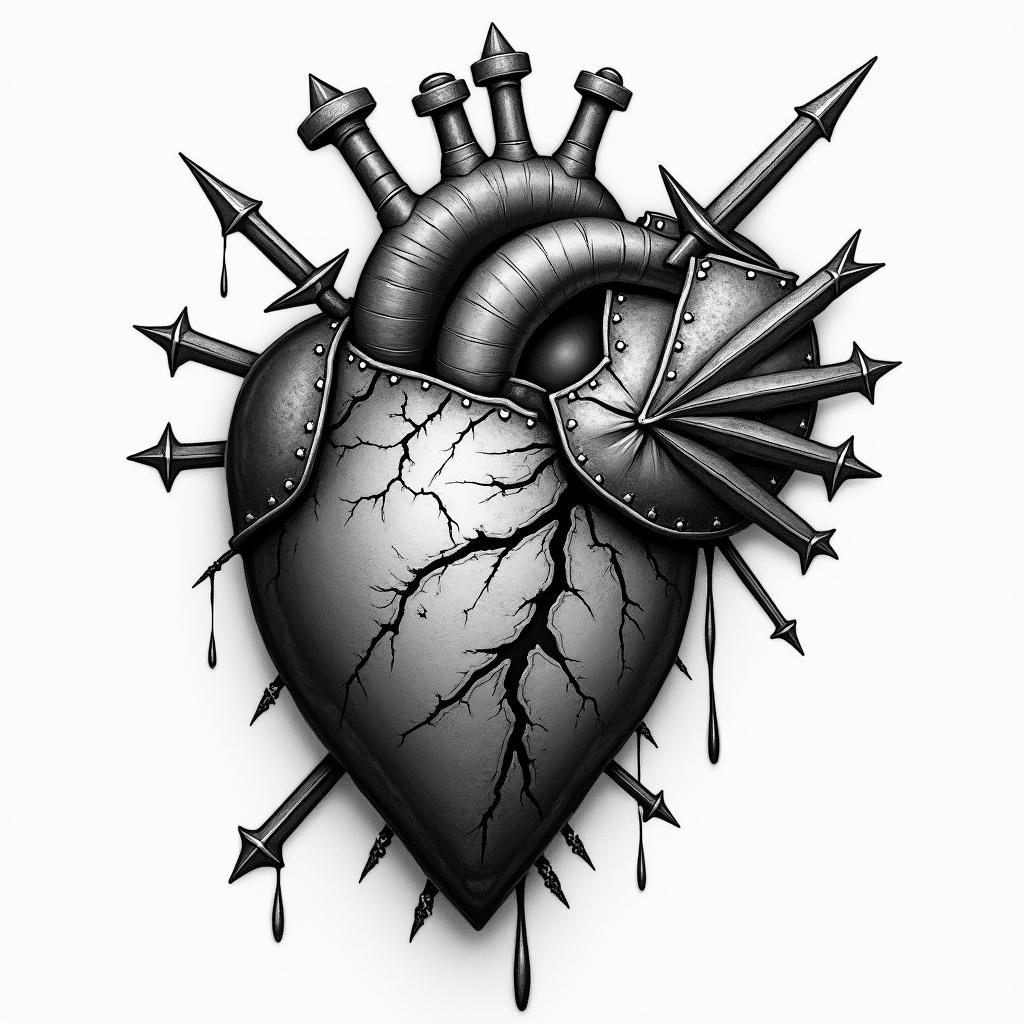 A detailed black and grey tattoo of a broken heart partially visible beneath battle-worn armor. The heart appears rugged and weathered with cracks and torn pieces, while the armor displays deep gouges, arrows, and swords, embodying the concept of guarding one's heart. The overall tone is dark and gloomy, emphasizing strength and resilience through trauma.higly detailed tattoo - Variation 8
