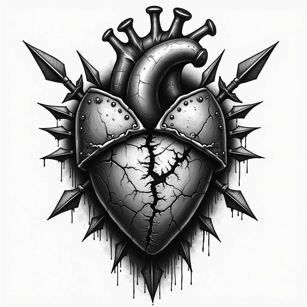 A detailed black and grey tattoo of a broken heart partially visible beneath battle-worn armor. The heart appears rugged and weathered with cracks and torn pieces, while the armor displays deep gouges, arrows, and swords, embodying the concept of guarding one's heart. The overall tone is dark and gloomy, emphasizing strength and resilience through trauma.higly detailed tattoo - Variation 6