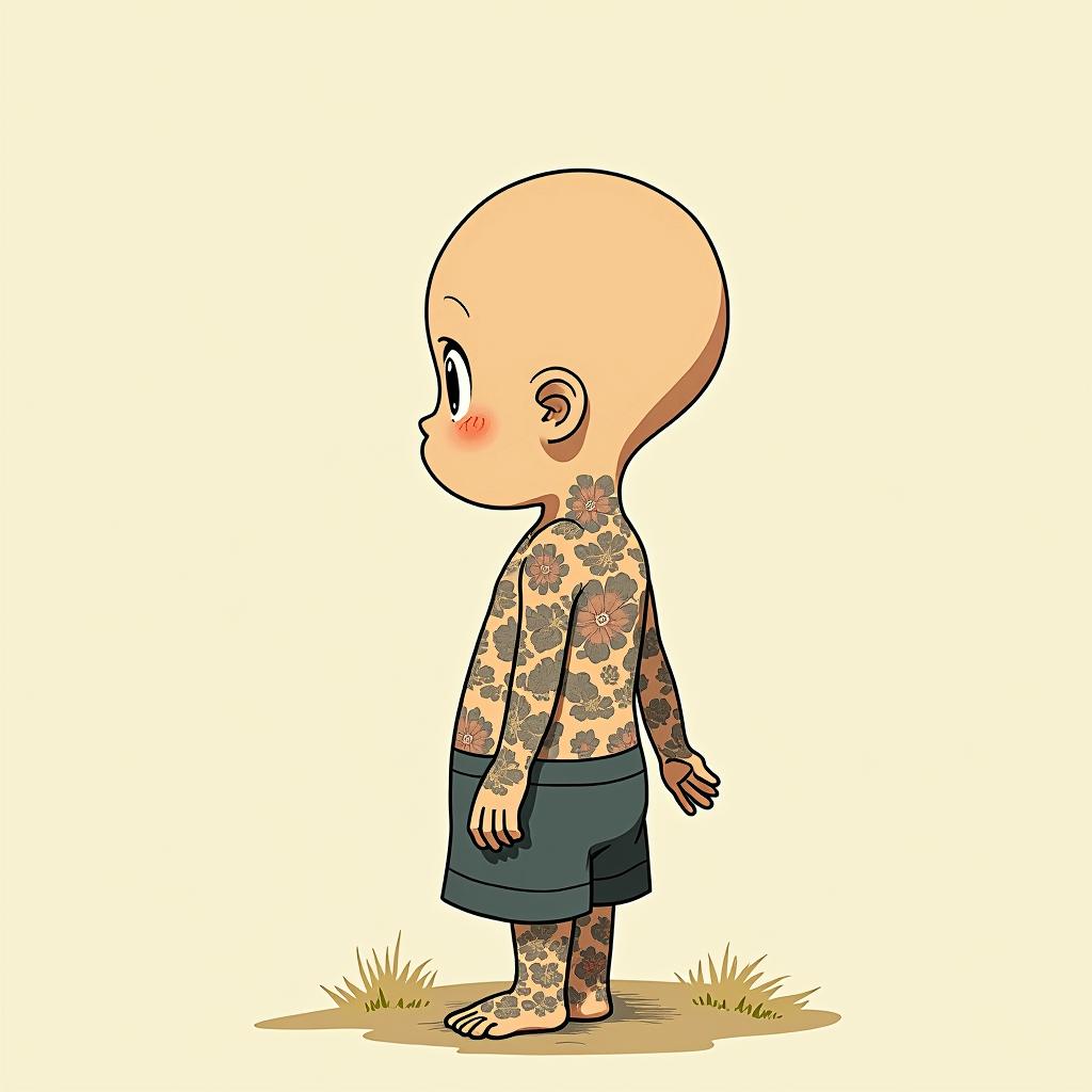 PapillonGhibli, Studio Ghibli aesthetic, hand-drawn anime style, retro nostalgic atmosphere, retro soft pastel color palette with earthy tones, retro Japanese cinematic shot, yellow tint effect, bald character, smooth surface, anime shadow 90's anime style - Variation 2