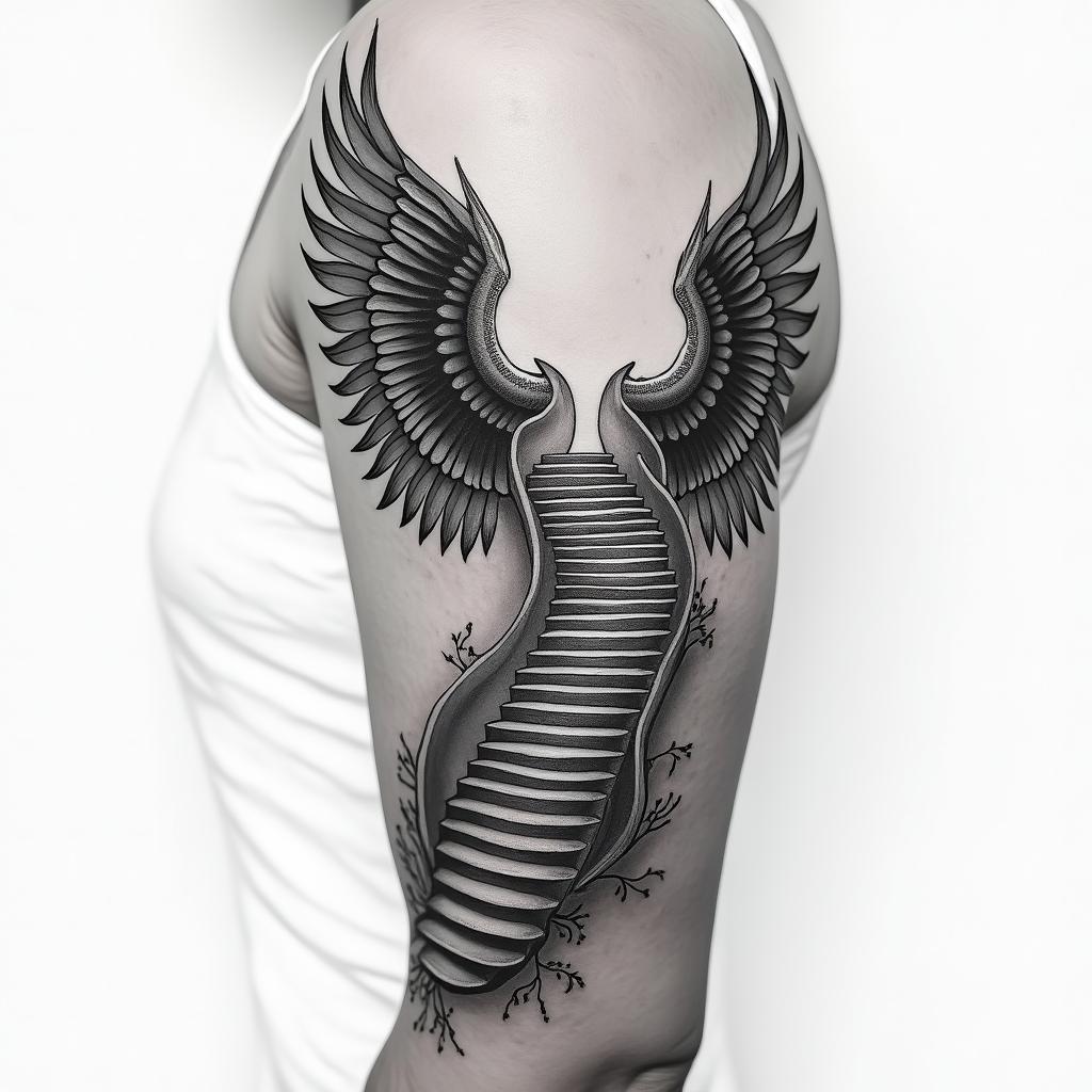 Half sleeve tattoo with Football number three wings and a stair staircase to heavenhigly detailed tattoo