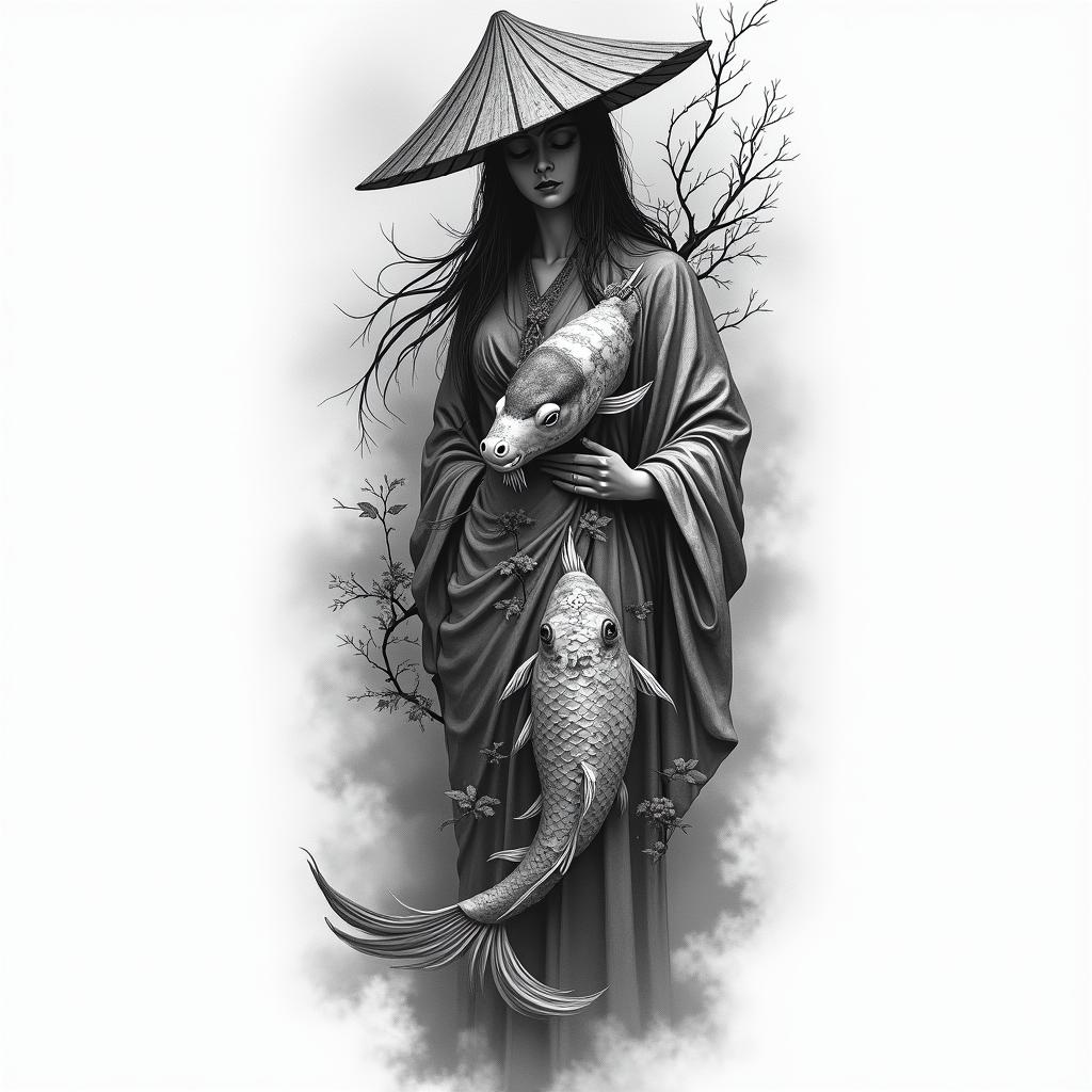 Black and gray sleeve tattoo design starting with koi fish on forearm. Above that, a mysterious Vietnamese woman wearing a traditional nón lá straw hat, walking in fog or rain with flowing robes. Behind her, a cracked marble bust of Ares, the Greek god of war, with one eye blindfolded and vines wrapping around the statue. A Bible verse in Old English font (‘The righteous are bold as a lion’ – Proverbs 28:1) flows vertically near the statue. Hidden in the background, a subtle anime eye or symbol (like a mangekyō sharingan) tucked into smoke or shadow. Use flowing water, fog, and fabric to connect all elements into one cohesive, dark, powerful tattoo sleeve.”higly detailed tattoo - Variation 2