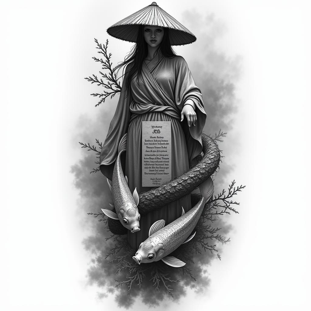 Black and gray sleeve tattoo design starting with koi fish on forearm. Above that, a mysterious Vietnamese woman wearing a traditional nón lá straw hat, walking in fog or rain with flowing robes. Behind her, a cracked marble bust of Ares, the Greek god of war, with one eye blindfolded and vines wrapping around the statue. A Bible verse in Old English font (‘The righteous are bold as a lion’ – Proverbs 28:1) flows vertically near the statue. Hidden in the background, a subtle anime eye or symbol (like a mangekyō sharingan) tucked into smoke or shadow. Use flowing water, fog, and fabric to connect all elements into one cohesive, dark, powerful tattoo sleeve.”higly detailed tattoo - Variation 4