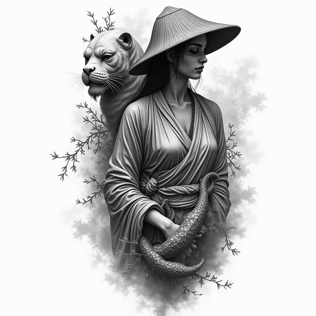 Black and gray sleeve tattoo design starting with koi fish on forearm. Above that, a mysterious Vietnamese woman wearing a traditional nón lá straw hat, walking in fog or rain with flowing robes. Behind her, a cracked marble bust of Ares, the Greek god of war, with one eye blindfolded and vines wrapping around the statue. A Bible verse in Old English font (‘The righteous are bold as a lion’ – Proverbs 28:1) flows vertically near the statue. Hidden in the background, a subtle anime eye or symbol (like a mangekyō sharingan) tucked into smoke or shadow. Use flowing water, fog, and fabric to connect all elements into one cohesive, dark, powerful tattoo sleeve.”higly detailed tattoo - Variation 3