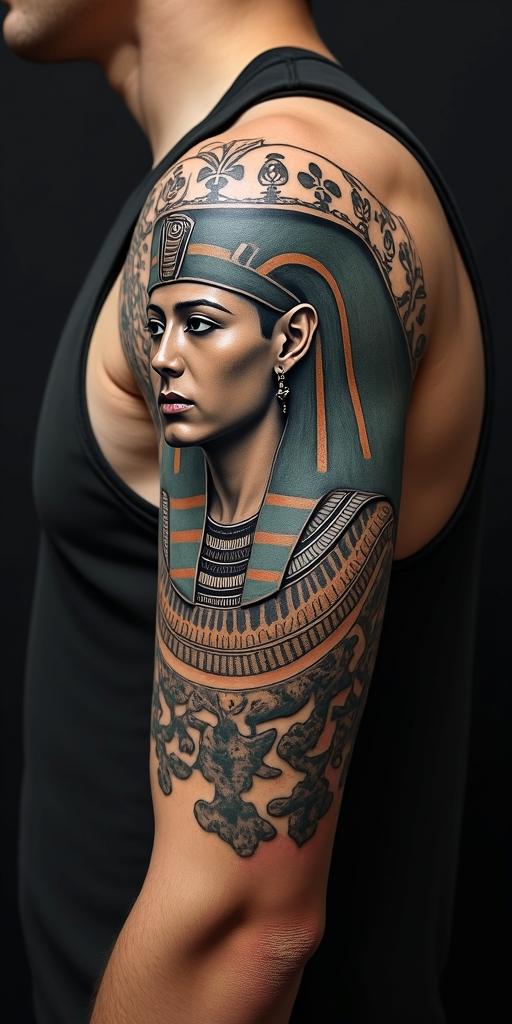 1992 Aries Pinoyin egyptian style tattoo, bold elements of ancient egyptian culture including a portrait of an Egyptian pharaoh with detailed facial features, in hieroglyphs and symbolic imagery, eye of horus, ankh symbol, scarab beetle - Variation 3