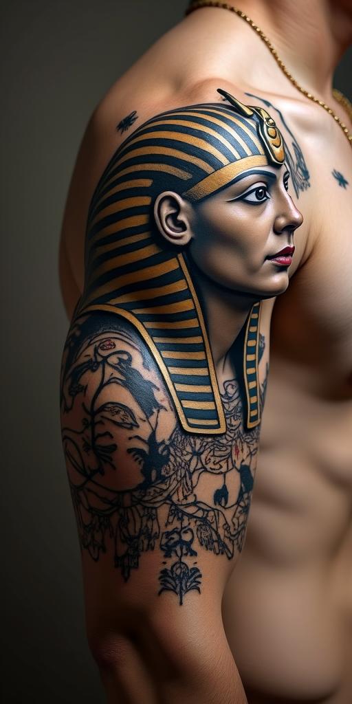 1992 Aries Pinoyin egyptian style tattoo, bold elements of ancient egyptian culture including a portrait of an Egyptian pharaoh with detailed facial features, in hieroglyphs and symbolic imagery, eye of horus, ankh symbol, scarab beetle