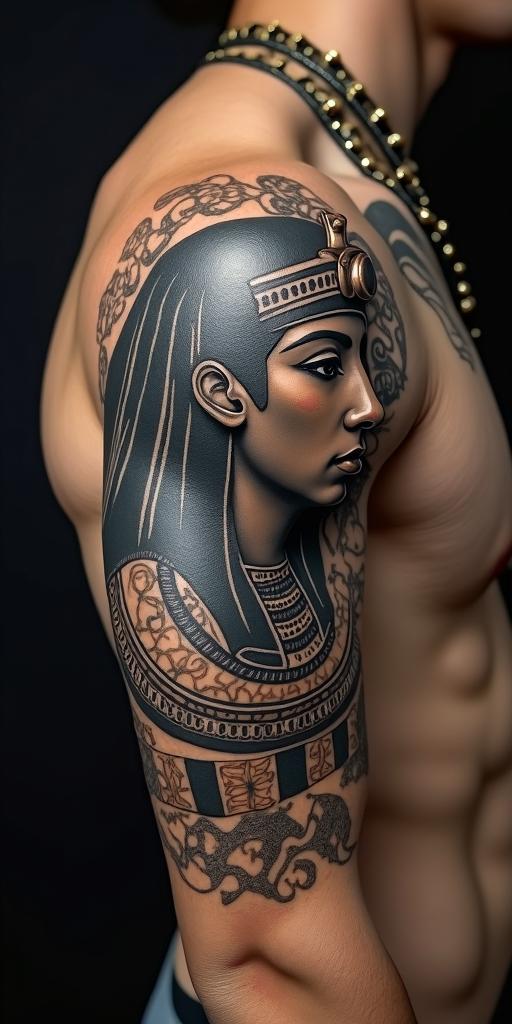 1992 Aries Pinoyin egyptian style tattoo, bold elements of ancient egyptian culture including a portrait of an Egyptian pharaoh with detailed facial features, in hieroglyphs and symbolic imagery, eye of horus, ankh symbol, scarab beetle - Variation 2