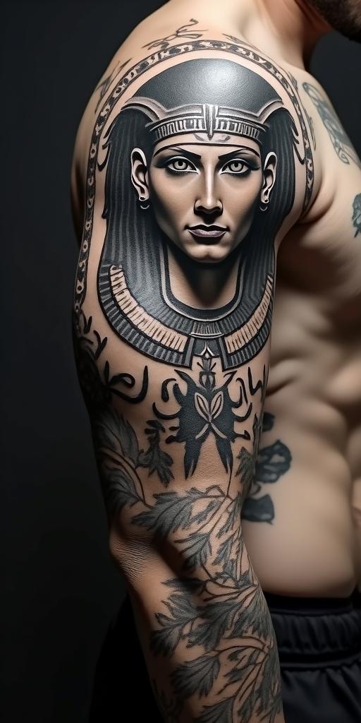 1992 Aries Pinoyin egyptian style tattoo, bold elements of ancient egyptian culture including a portrait of an Egyptian pharaoh with detailed facial features, in hieroglyphs and symbolic imagery, eye of horus, ankh symbol, scarab beetle - Variation 4