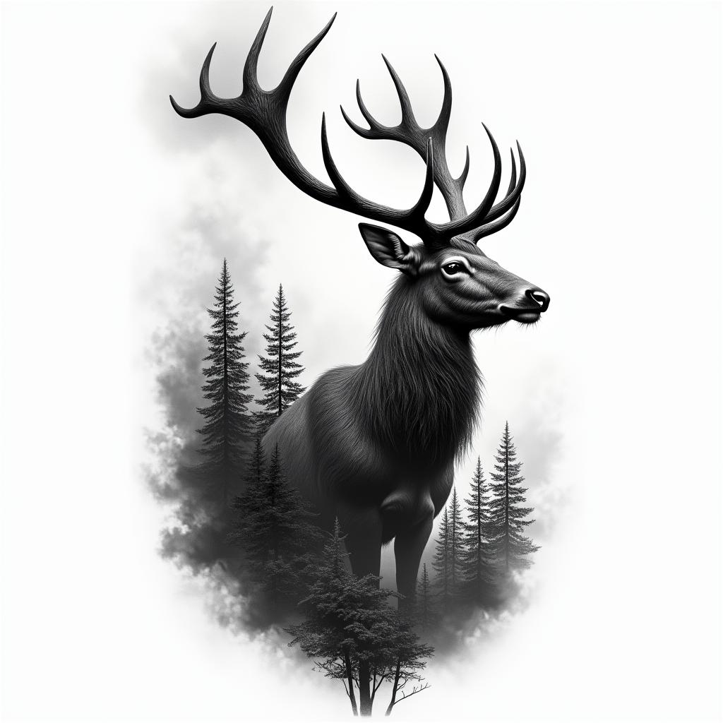 A black and white tattoo depicting a majestic stag emerging from a smoky forest on fire, symbolizing control over one's destiny. The stag transitions from the flames into a lush, vibrant green forest, signifying the triumph of positive thoughts over chaos. The backgrounds contrast between swirling flames and tranquil foliage, emphasizing the journey of transformation and self-control in life.higly detailed tattoo - Variation 3