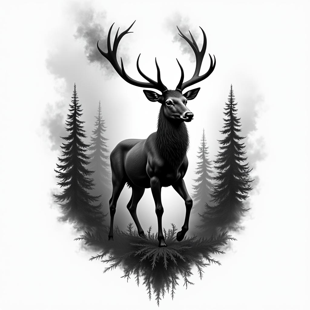 A black and white tattoo depicting a majestic stag emerging from a smoky forest on fire, symbolizing control over one's destiny. The stag transitions from the flames into a lush, vibrant green forest, signifying the triumph of positive thoughts over chaos. The backgrounds contrast between swirling flames and tranquil foliage, emphasizing the journey of transformation and self-control in life.higly detailed tattoo