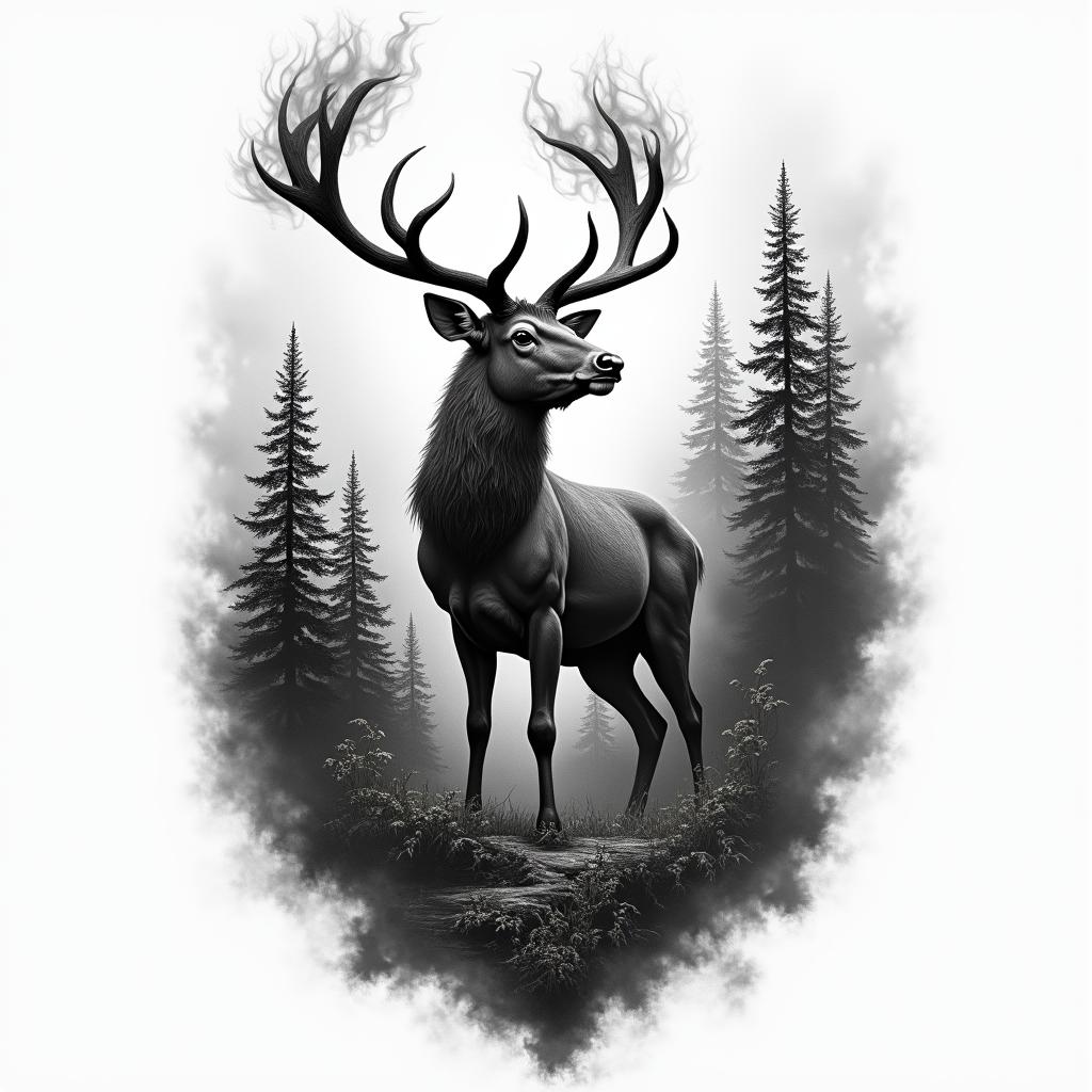 A black and white tattoo depicting a majestic stag emerging from a smoky forest on fire, symbolizing control over one's destiny. The stag transitions from the flames into a lush, vibrant green forest, signifying the triumph of positive thoughts over chaos. The backgrounds contrast between swirling flames and tranquil foliage, emphasizing the journey of transformation and self-control in life.higly detailed tattoo - Variation 4