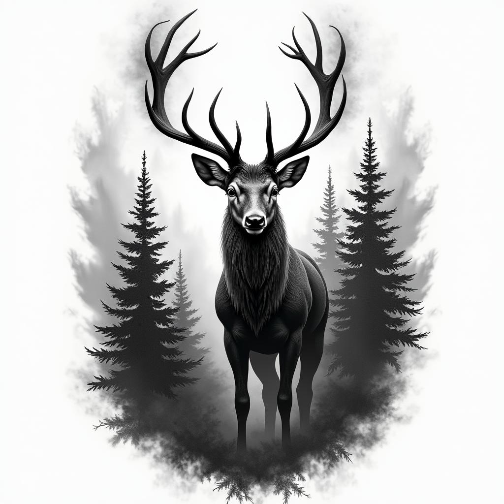 A black and white tattoo depicting a majestic stag emerging from a smoky forest on fire, symbolizing control over one's destiny. The stag transitions from the flames into a lush, vibrant green forest, signifying the triumph of positive thoughts over chaos. The backgrounds contrast between swirling flames and tranquil foliage, emphasizing the journey of transformation and self-control in life.higly detailed tattoo - Variation 2