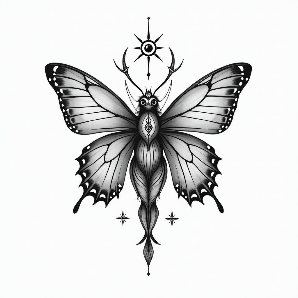 Butterfly and a fairyin spiritual symbols tattoo style, featuring an intricate design incorporating elements, Hamsa hand, third eye, minimalist composition - Variation 14