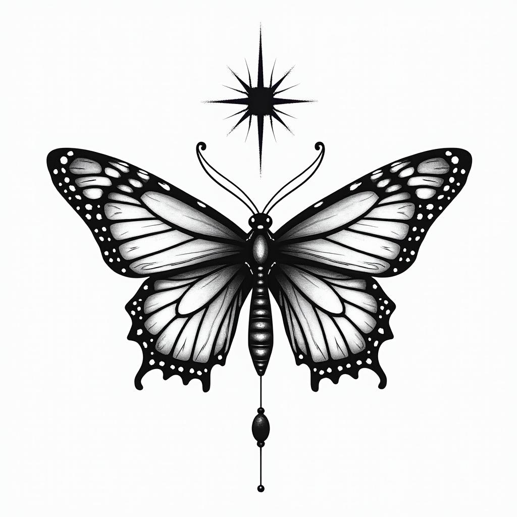 Butterfly and a fairyin spiritual symbols tattoo style, featuring an intricate design incorporating elements, Hamsa hand, third eye, minimalist composition - Variation 16