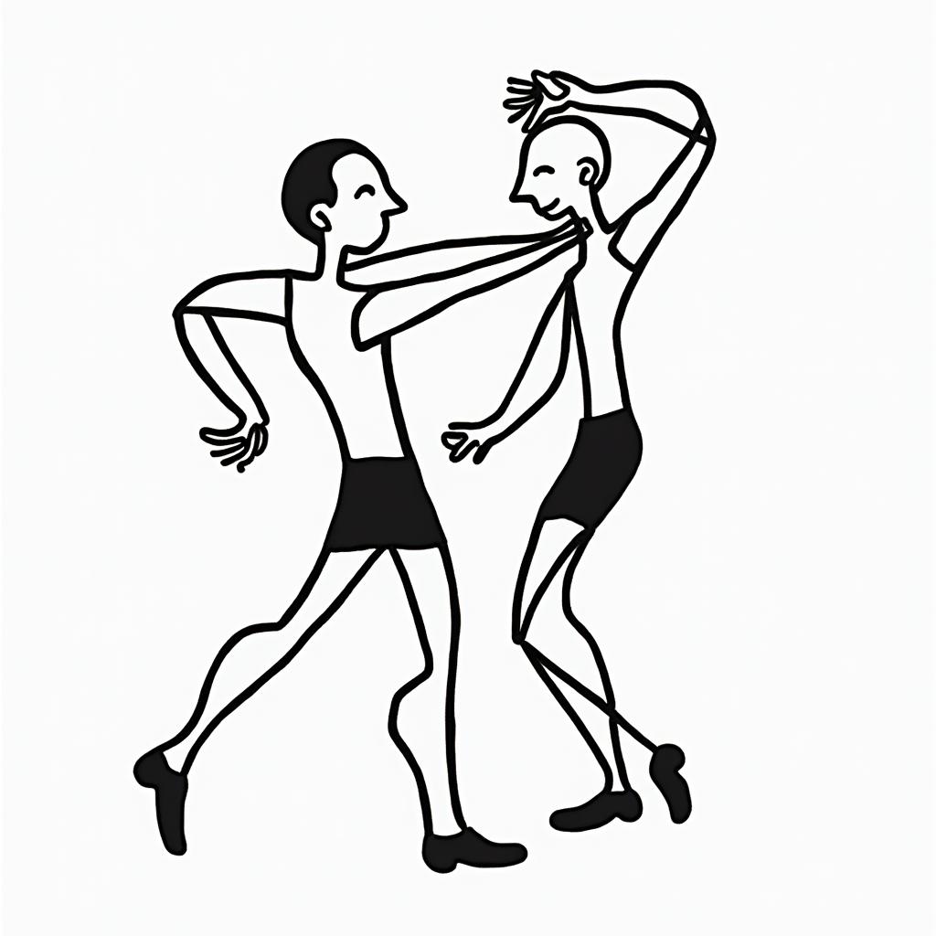 Jairo, Gemini, ria of Aldánabstract dancing figures in Keith Haring style, featuring bold black outlines and solid color fills, figures posed in dynamic and playful dance movements, minimalist design - Variation 2