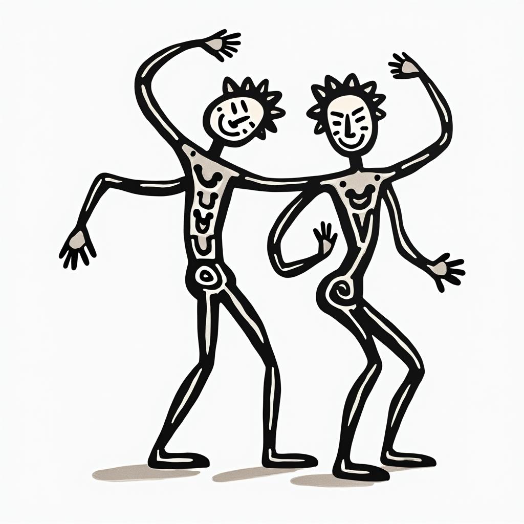 Jairo, Gemini, ria of Aldánabstract dancing figures in Keith Haring style, featuring bold black outlines and solid color fills, figures posed in dynamic and playful dance movements, minimalist design - Variation 3