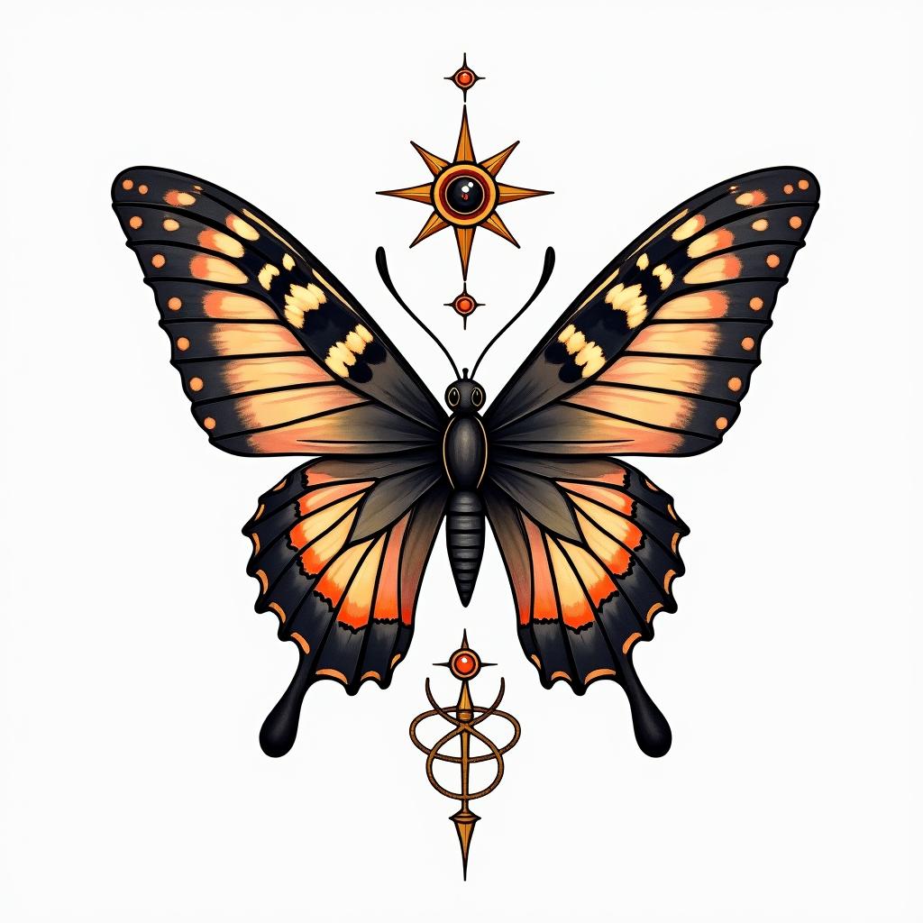 Butterfly and a fairyin spiritual symbols tattoo style, featuring an intricate design incorporating elements, Hamsa hand, third eye, minimalist composition - Variation 10