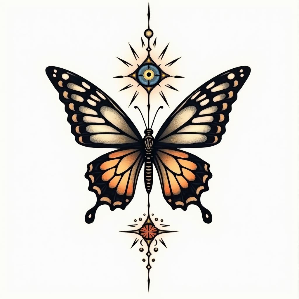 Butterfly and a fairyin spiritual symbols tattoo style, featuring an intricate design incorporating elements, Hamsa hand, third eye, minimalist composition - Variation 9