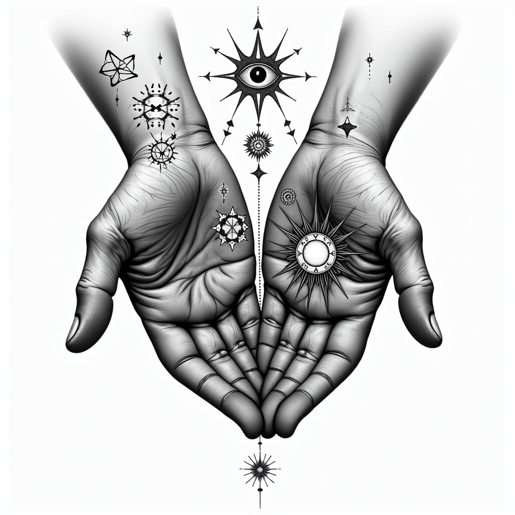 Two hands, as above so belowin prophecy tattoo style, featuring mystical symbols, celestial imagery like stars, moons, suns, geometric patterns, foretelling elements, an eye of wisdom - Variation 2