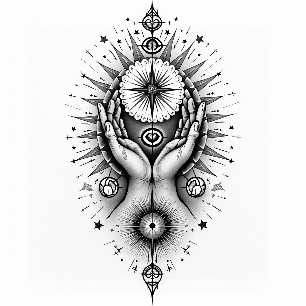 Two hands, as above so belowin prophecy tattoo style, featuring mystical symbols, celestial imagery like stars, moons, suns, geometric patterns, foretelling elements, an eye of wisdom - Variation 4